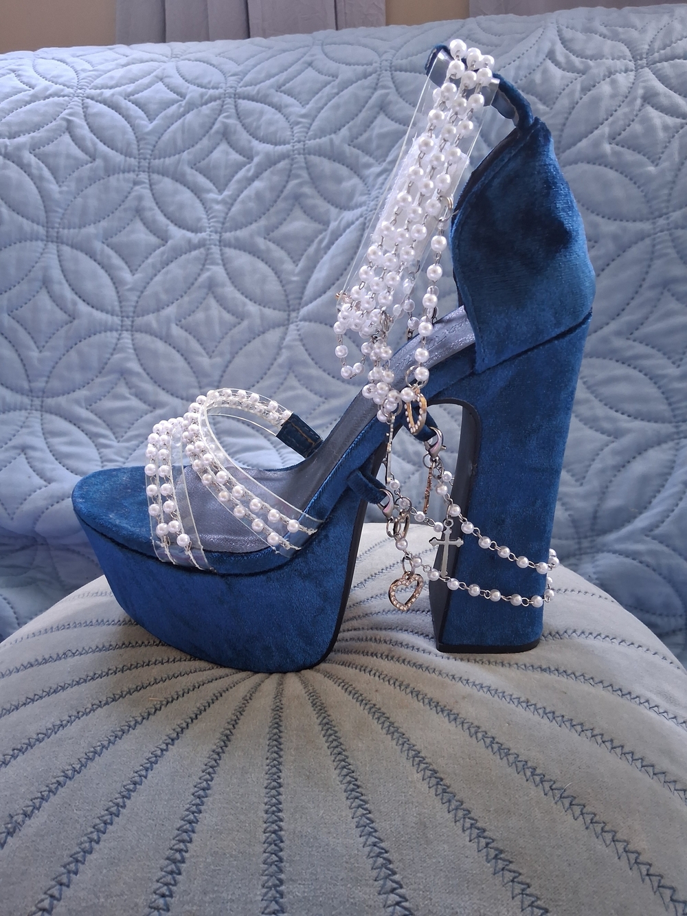 Navy Velvet Platform Heels with Pearl-Strap Accent